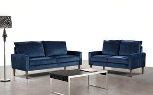 English Elm Modern Velvet Three Seat Sofa with Wood Legs Coil Spring Support for Living Rooms Dark Blue B2735P539857