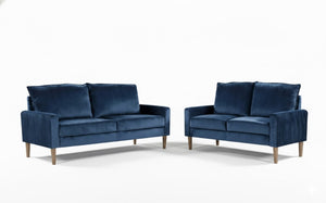 English Elm Modern Velvet Three Seat Sofa with Wood Legs Coil Spring Support for Living Rooms Dark Blue B2735P539857