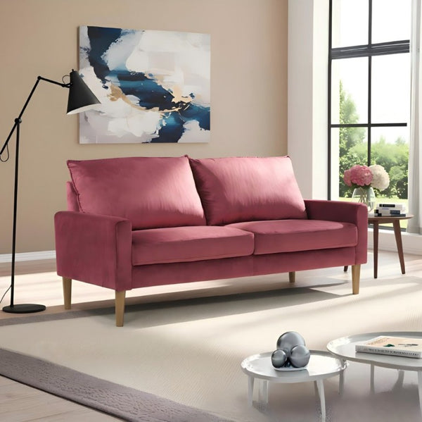 English Elm Modern Velvet Three Seat Sofa with Wood Legs Coil Spring Support for Living Rooms Burgundy B2735P539858