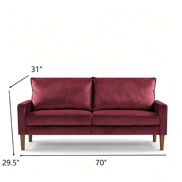 English Elm Modern Velvet Three Seat Sofa with Wood Legs Coil Spring Support for Living Rooms Burgundy B2735P539858
