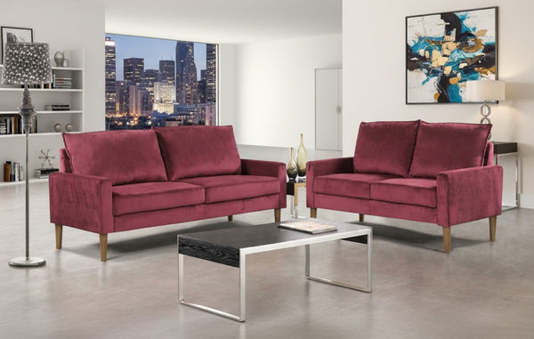 English Elm Modern Velvet Three Seat Sofa with Wood Legs Coil Spring Support for Living Rooms Burgundy B2735P539858