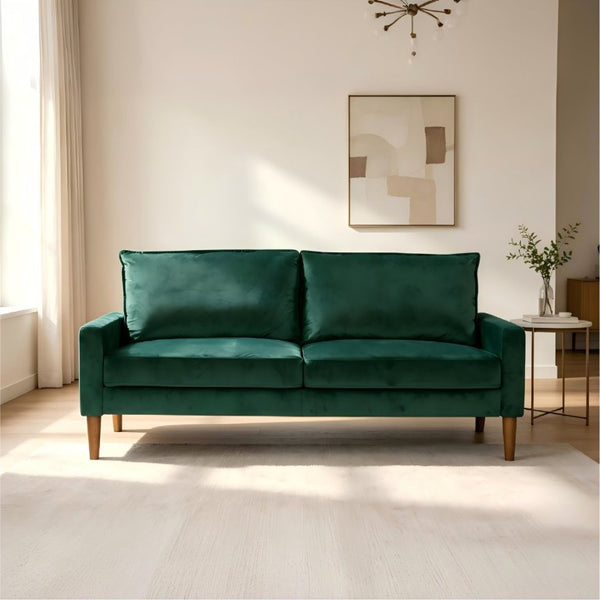 English Elm Modern Velvet Three Seat Sofa with Wood Legs Coil Spring Support for Living Rooms Green B2735P539859