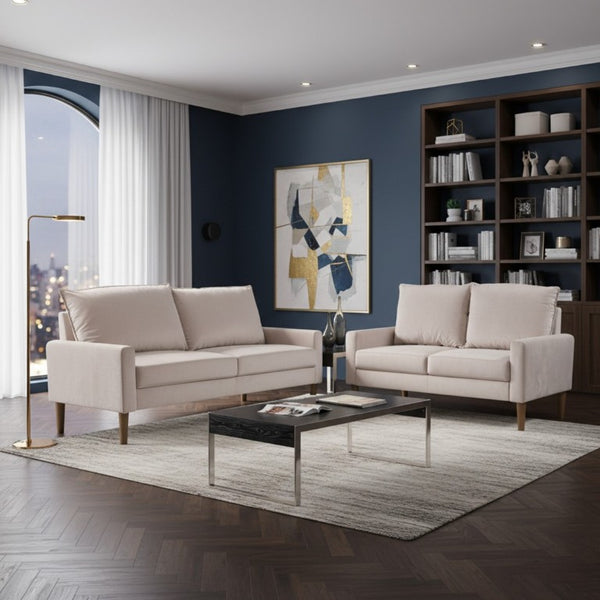 English Elm Modern Velvet Three Seat Sofa with Wood Legs Coil Spring Support for Living Rooms Ivory B2735P539861