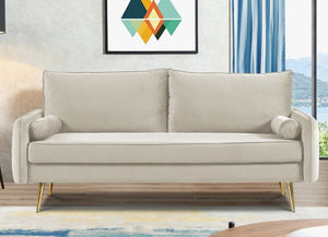 English Elm Mid-Century Velvet Sofa with Nailhead Trim Golden Legs for Living Room Comfort Beige B2735P541340