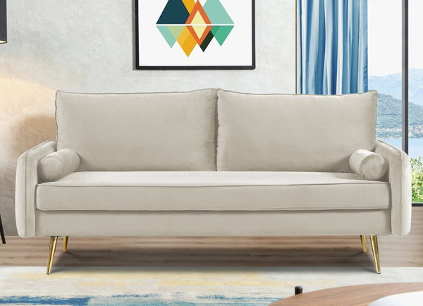 English Elm Mid-Century Velvet Sofa with Nailhead Trim Golden Legs for Living Room Comfort Beige B2735P541340