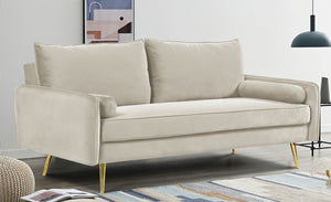 English Elm Mid-Century Velvet Sofa with Nailhead Trim Golden Legs for Living Room Comfort Beige B2735P541340