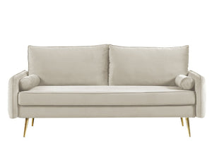 English Elm Mid-Century Velvet Sofa with Nailhead Trim Golden Legs for Living Room Comfort Beige B2735P541340