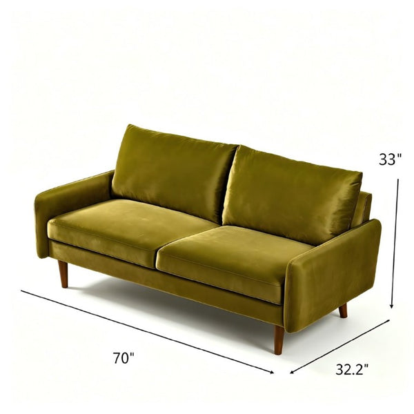 English Elm Mid-Century Velvet Sofa with Nailhead Trim Golden Legs for Living Room Comfort Olive Green B2735P542643