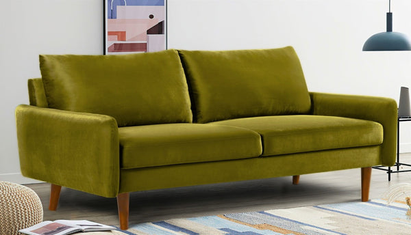 English Elm Mid-Century Velvet Sofa with Nailhead Trim Golden Legs for Living Room Comfort Olive Green B2735P542643