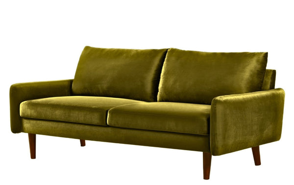 English Elm Mid-Century Velvet Sofa with Nailhead Trim Golden Legs for Living Room Comfort Olive Green B2735P542643