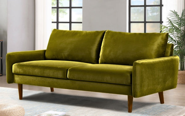 English Elm Mid-Century Velvet Sofa with Nailhead Trim Golden Legs for Living Room Comfort Olive Green B2735P542643