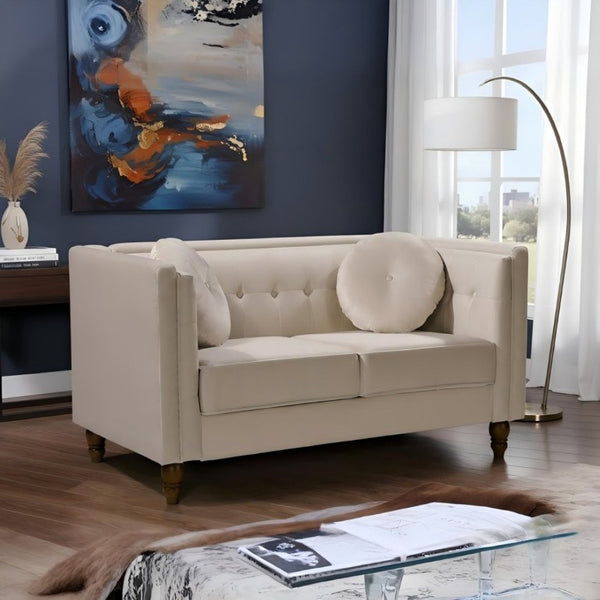 English Elm Chesterfield Button Tufted Crushed Velvet Loveseat with Tapered Legs for Small Spaces Ivory B2735P542694