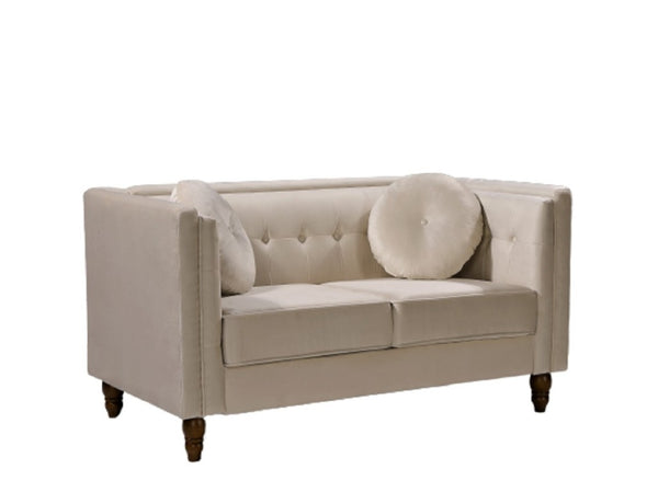 English Elm Chesterfield Button Tufted Crushed Velvet Loveseat with Tapered Legs for Small Spaces Ivory B2735P542694