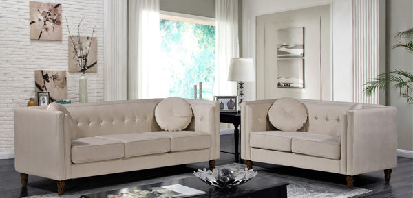 English Elm Chesterfield Button Tufted Crushed Velvet Loveseat with Tapered Legs for Small Spaces Ivory B2735P542694