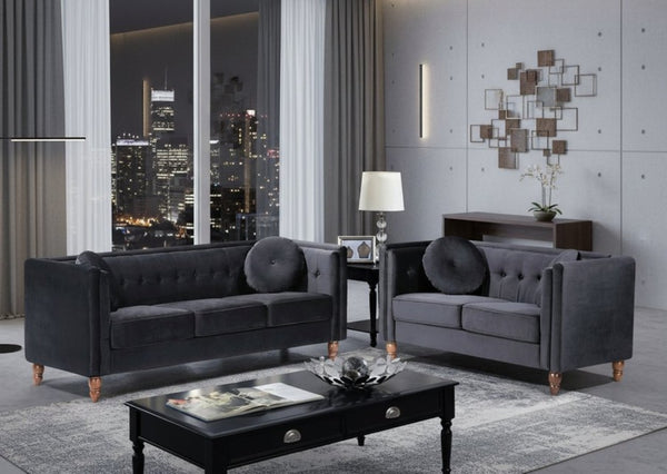 English Elm Chesterfield Button Tufted Crushed Velvet Loveseat with Tapered Legs for Small Spaces Black B2735P542695