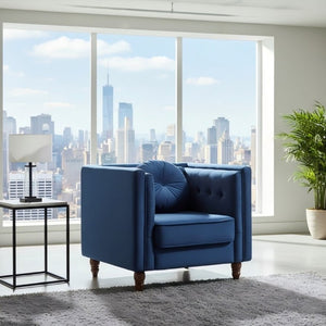 English Elm Classic Chesterfield Crushed Velvet Accent Chair Tufted Button Back with Tapered Wood Legs Deep Blue B2735P542696
