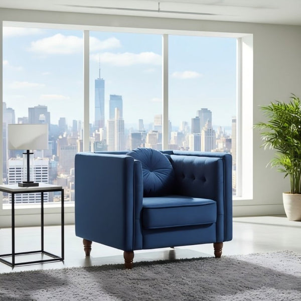 English Elm Classic Chesterfield Crushed Velvet Accent Chair Tufted Button Back with Tapered Wood Legs Deep Blue B2735P542696