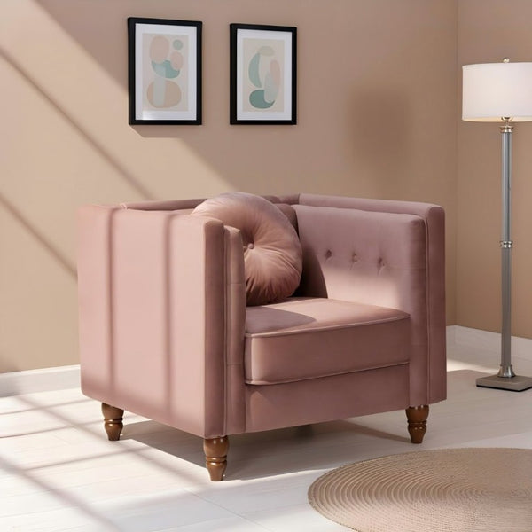 English Elm Classic Chesterfield Crushed Velvet Accent Chair Tufted Button Back with Tapered Wood Legs Rose B2735P542699
