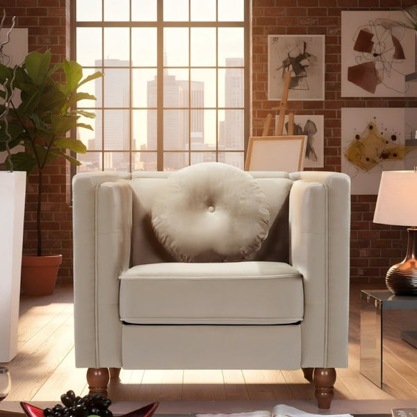 English Elm Classic Chesterfield Crushed Velvet Accent Chair Tufted Button Back with Tapered Wood Legs Ivory B2735P542700
