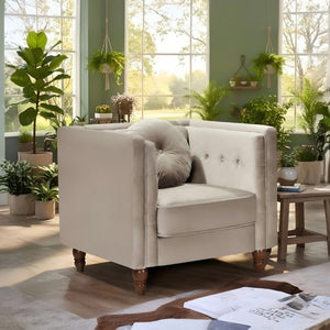 English Elm Classic Chesterfield Crushed Velvet Accent Chair Tufted Button Back with Tapered Wood Legs Ivory B2735P542700