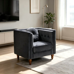 English Elm Classic Chesterfield Crushed Velvet Accent Chair Tufted Button Back with Tapered Wood Legs Black B2735P542701