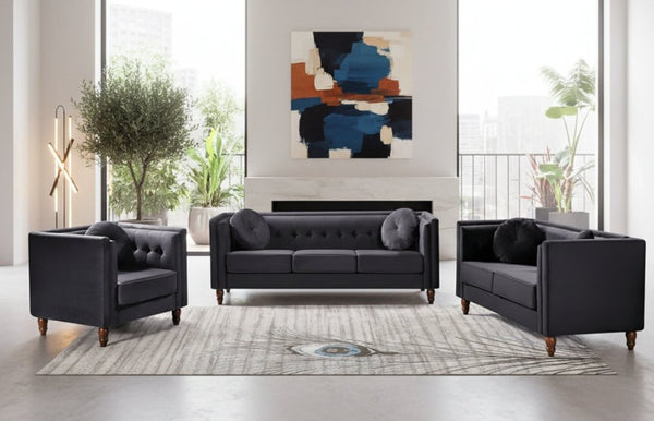 English Elm Classic Chesterfield Crushed Velvet Accent Chair Tufted Button Back with Tapered Wood Legs Black B2735P542701