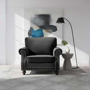 English Elm Classic Velvet Tufted Armchair with Brass Nailhead Trim and Turned Wood Legs for Living Room Black B2735P542746