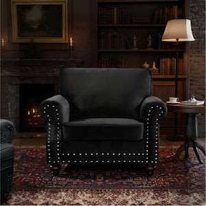 English Elm Classic Velvet Tufted Armchair with Brass Nailhead Trim and Turned Wood Legs for Living Room Black B2735P542746