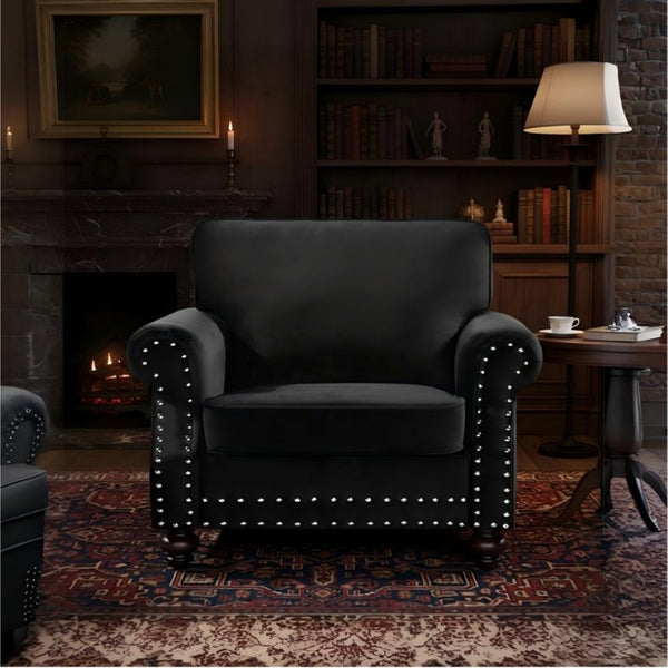 English Elm Classic Velvet Tufted Armchair with Brass Nailhead Trim and Turned Wood Legs for Living Room Black B2735P542746