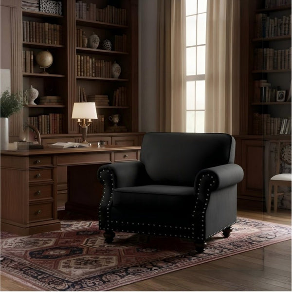 English Elm Classic Velvet Tufted Armchair with Brass Nailhead Trim and Turned Wood Legs for Living Room Black B2735P542746
