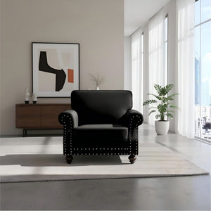 English Elm Classic Velvet Tufted Armchair with Brass Nailhead Trim and Turned Wood Legs for Living Room Black B2735P542746