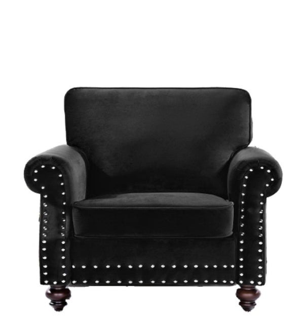 English Elm Classic Velvet Tufted Armchair with Brass Nailhead Trim and Turned Wood Legs for Living Room Black B2735P542746
