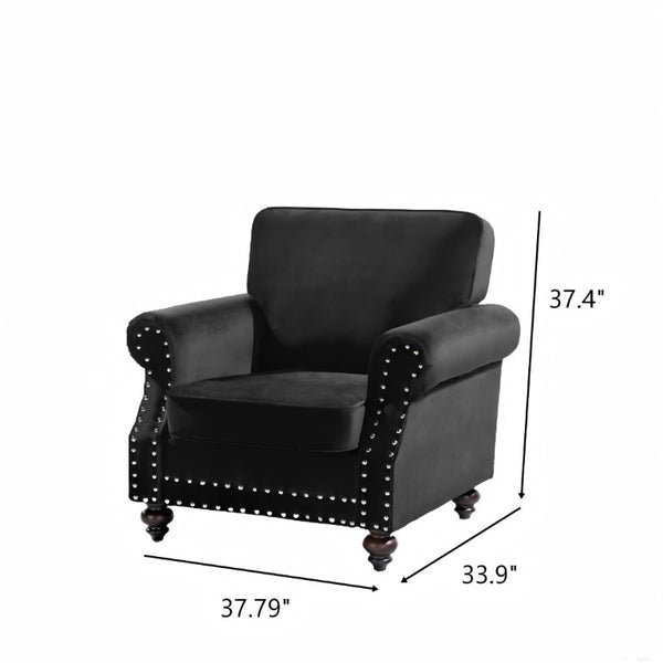 English Elm Classic Velvet Tufted Armchair with Brass Nailhead Trim and Turned Wood Legs for Living Room Black B2735P542746