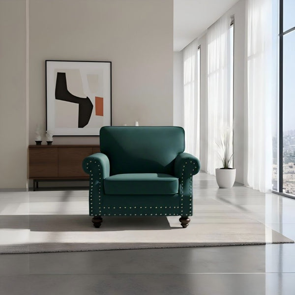 English Elm Classic Velvet Tufted Armchair with Brass Nailhead Trim and Turned Wood Legs for Living Room Green B2735P542747