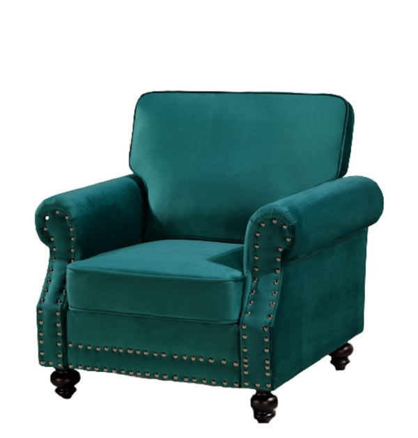 English Elm Classic Velvet Tufted Armchair with Brass Nailhead Trim and Turned Wood Legs for Living Room Green B2735P542747