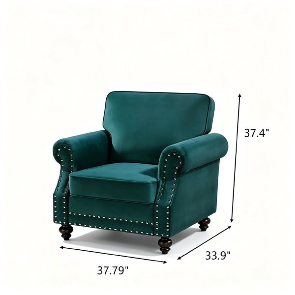 English Elm Classic Velvet Tufted Armchair with Brass Nailhead Trim and Turned Wood Legs for Living Room Green B2735P542747