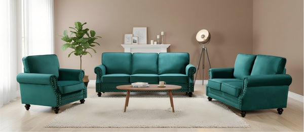 English Elm Classic Velvet Tufted Armchair with Brass Nailhead Trim and Turned Wood Legs for Living Room Green B2735P542747