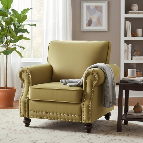 English Elm Classic Velvet Tufted Armchair with Brass Nailhead Trim and Turned Wood Legs for Living Room Yellow B2735P542748