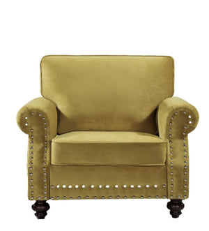 English Elm Classic Velvet Tufted Armchair with Brass Nailhead Trim and Turned Wood Legs for Living Room Yellow B2735P542748