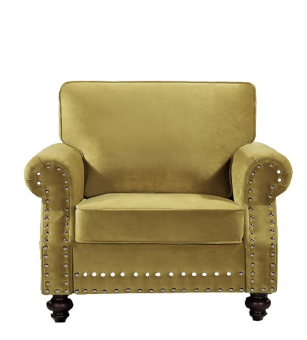 English Elm Classic Velvet Tufted Armchair with Brass Nailhead Trim and Turned Wood Legs for Living Room Yellow B2735P542748