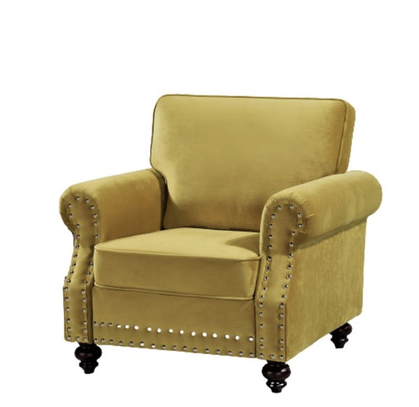 English Elm Classic Velvet Tufted Armchair with Brass Nailhead Trim and Turned Wood Legs for Living Room Yellow B2735P542748