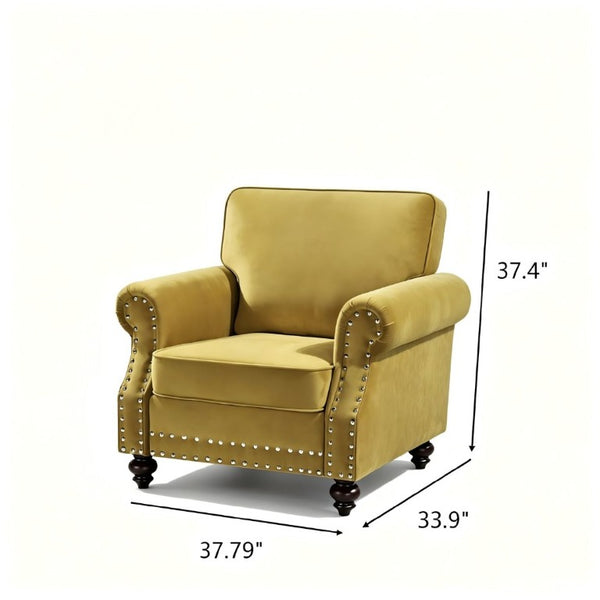 English Elm Classic Velvet Tufted Armchair with Brass Nailhead Trim and Turned Wood Legs for Living Room Yellow B2735P542748