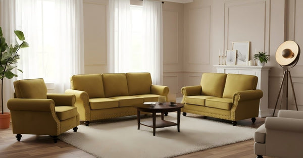 English Elm Classic Velvet Tufted Armchair with Brass Nailhead Trim and Turned Wood Legs for Living Room Yellow B2735P542748