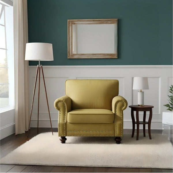 English Elm Classic Velvet Tufted Armchair with Brass Nailhead Trim and Turned Wood Legs for Living Room Yellow B2735P542748
