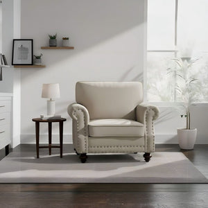English Elm Classic Velvet Tufted Armchair with Brass Nailhead Trim and Turned Wood Legs for Living Room Beige B2735P542749
