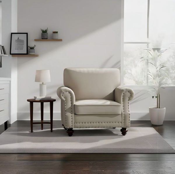 English Elm Classic Velvet Tufted Armchair with Brass Nailhead Trim and Turned Wood Legs for Living Room Beige B2735P542749