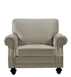 English Elm Classic Velvet Tufted Armchair with Brass Nailhead Trim and Turned Wood Legs for Living Room Beige B2735P542749