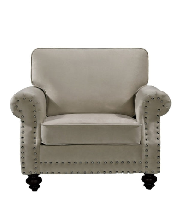 English Elm Classic Velvet Tufted Armchair with Brass Nailhead Trim and Turned Wood Legs for Living Room Beige B2735P542749