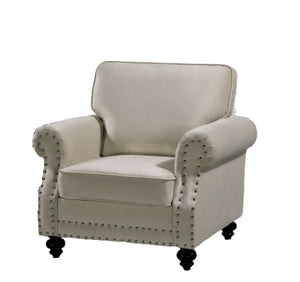 English Elm Classic Velvet Tufted Armchair with Brass Nailhead Trim and Turned Wood Legs for Living Room Beige B2735P542749