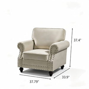 English Elm Classic Velvet Tufted Armchair with Brass Nailhead Trim and Turned Wood Legs for Living Room Beige B2735P542749